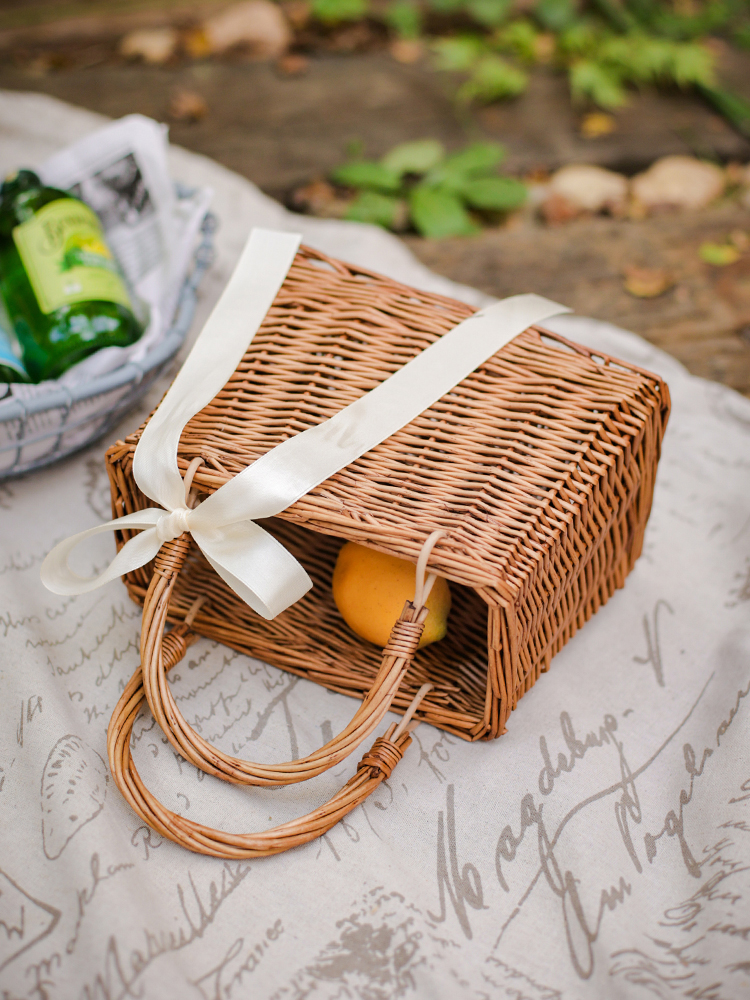カゴバッグ 天然籐編み四角型持ち手付きカゴバッグ