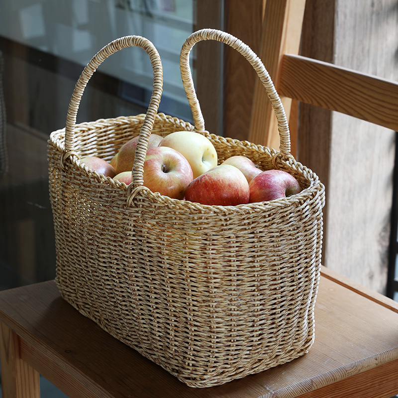 カゴバッグ 天然素材編み込み四角型持ち手付きかご