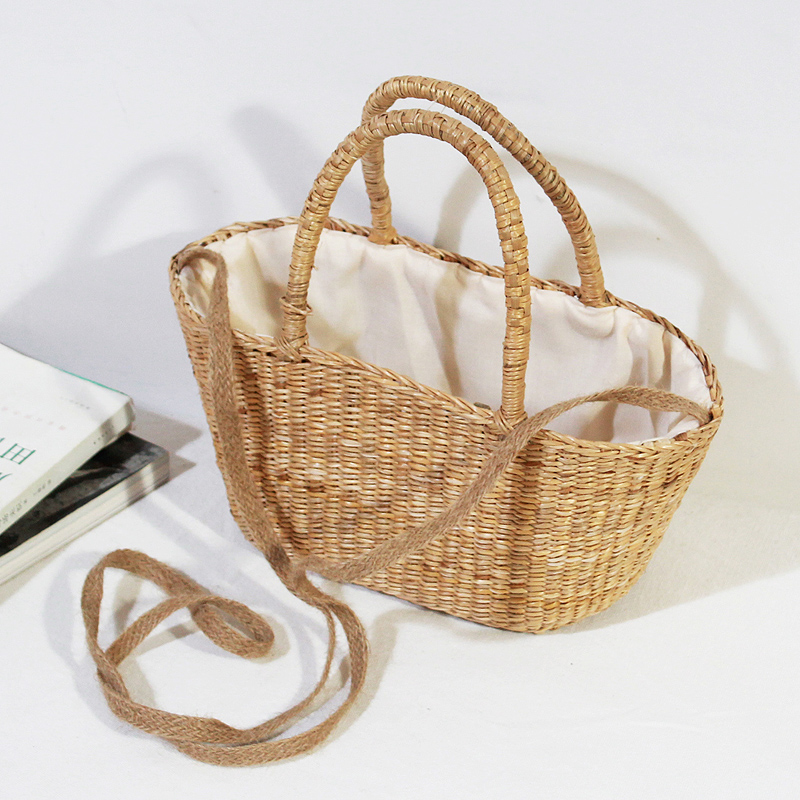 カゴバッグ 天然素材編み込み内布付きハンドバッグ