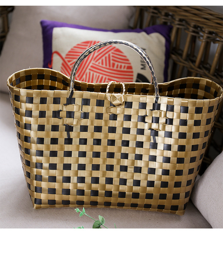 カゴバッグ 市松模様の編み込み大容量トート型かごバッグ