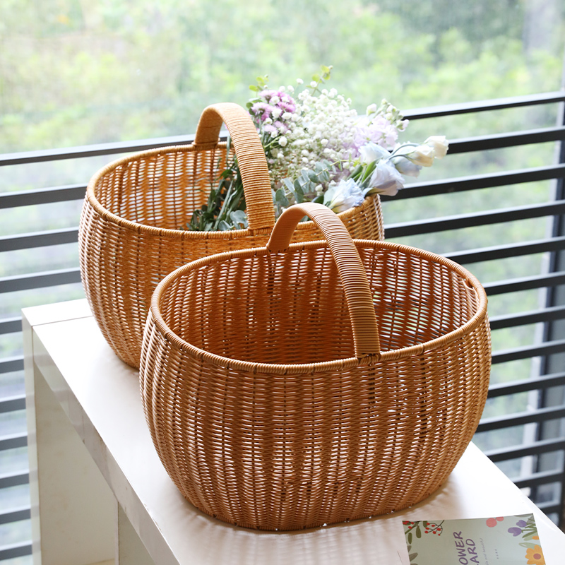 カゴバッグ 天然籐編み丸型持ち手付きカゴバッグ