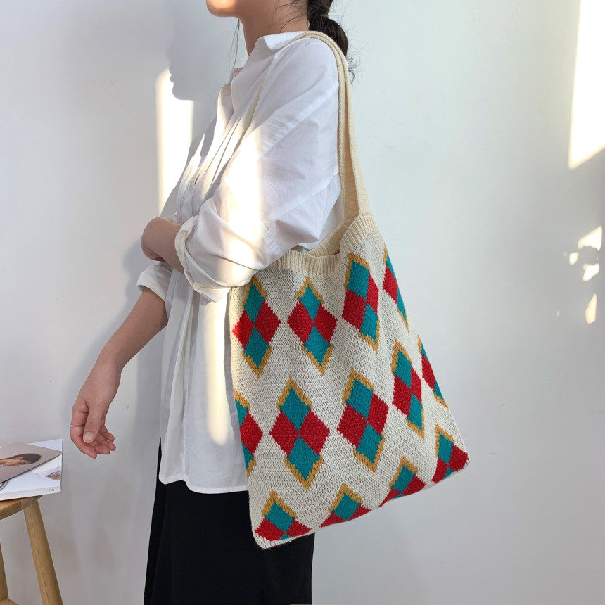 カゴバッグ アーガイル柄編み込みカゴバッグトート型