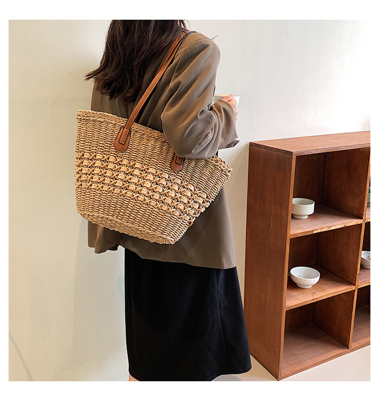 カゴバッグ 透かし編みデザインレザーハンドルトート