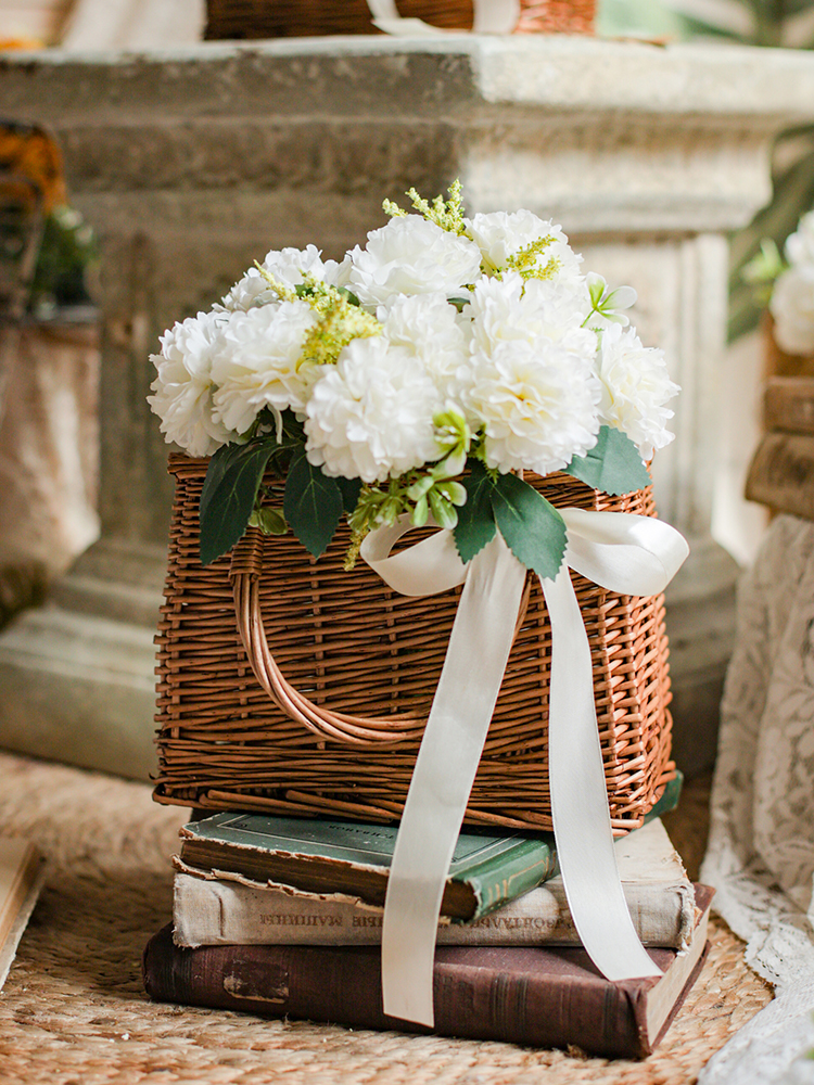 カゴバッグ 天然籐編み四角型持ち手付きカゴバッグ