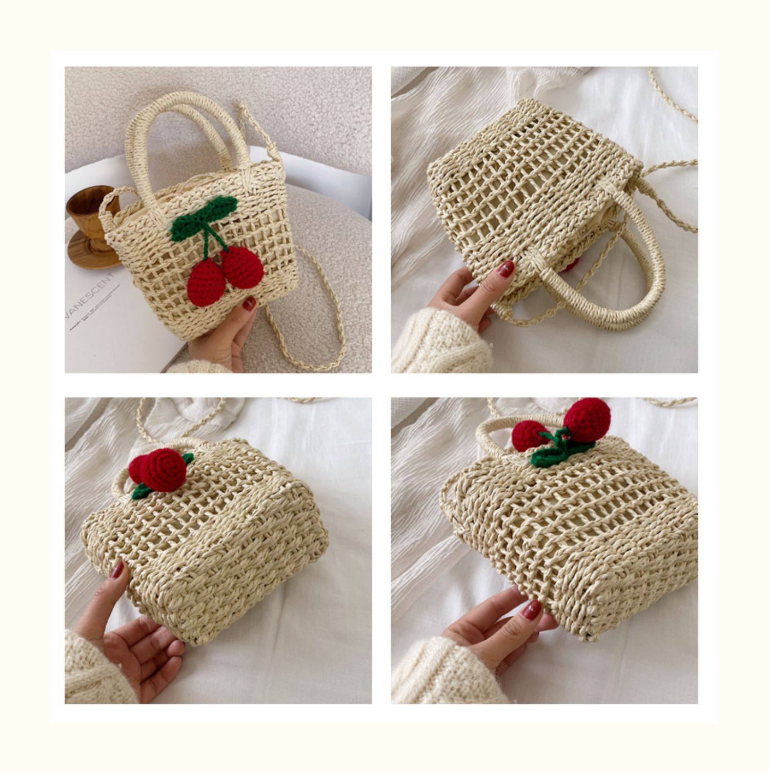 カゴバッグ さくらんぼ刺繍付き手編みカゴバッグ