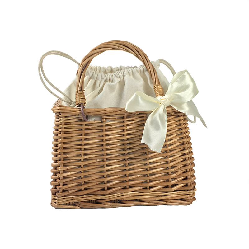 カゴバッグ リボン付き籐編みハンドバッグ型カゴバッグ