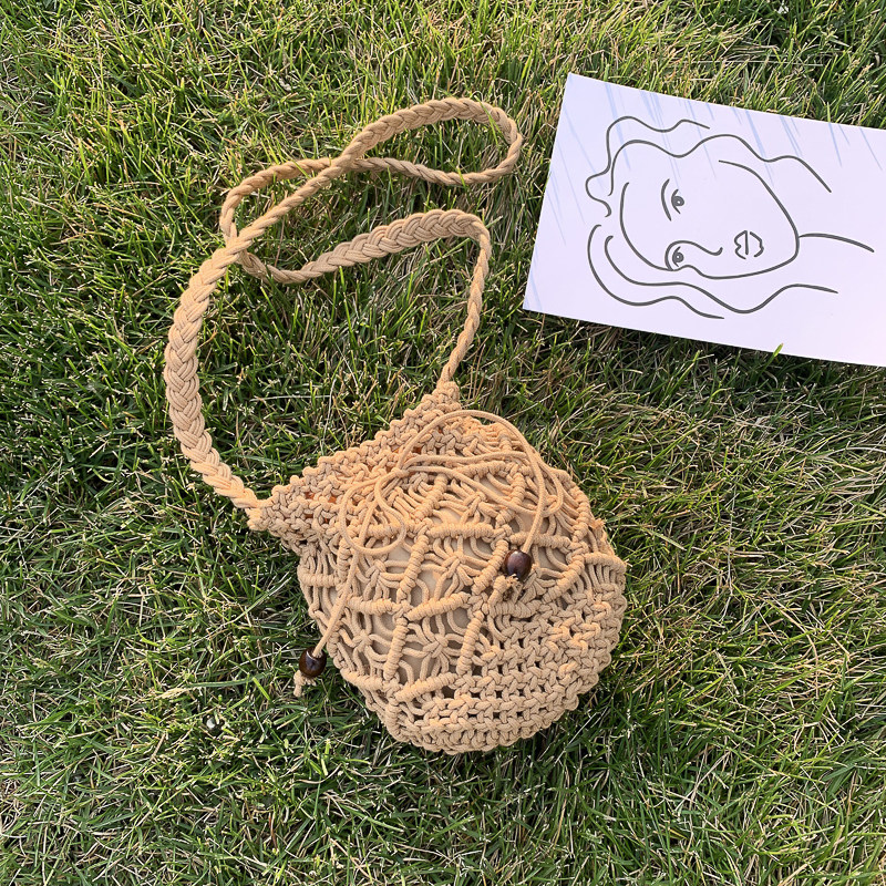 手編み丸型マクラメ編みショルダーカゴバッグ