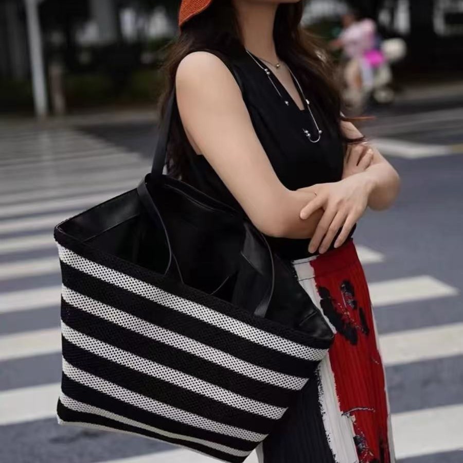 カゴバッグ カゴバッグ 夏の縞模様 メッシュ織りかごトート
