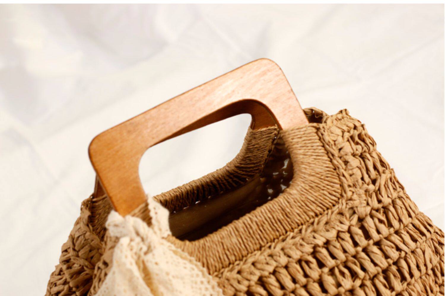 カゴバッグ 木製ハンドル付き手編みカゴバッグ巾着型