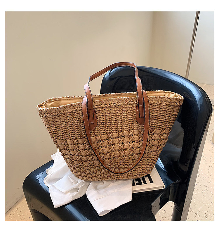 カゴバッグ 透かし編みデザインレザーハンドルトート