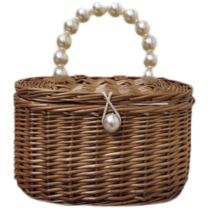 カゴバッグ パール持ち手付き花飾り籐編みカゴバッグ