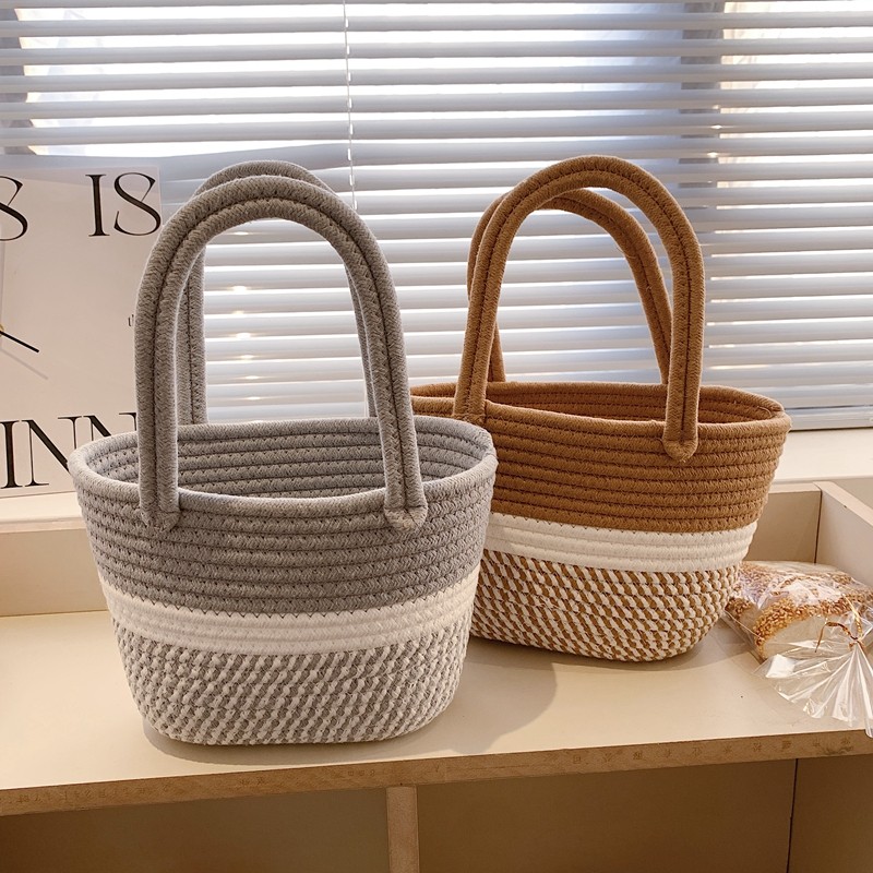 カゴバッグ 編み込みデザイン三段配色トート型カゴバッグ