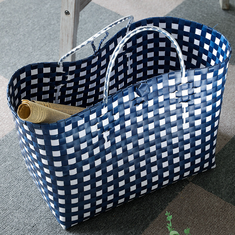 カゴバッグ 市松模様の編み込み大容量トート型かごバッグ