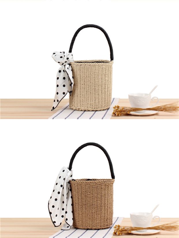 カゴバッグ 天然素材編み込みバケット型リボン付きかごばっぐ