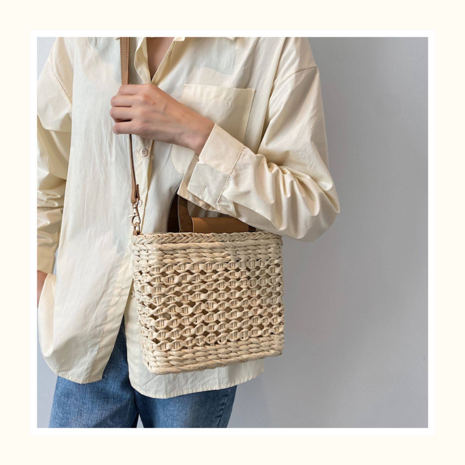 カゴバッグ 手編み風透かし編みスクエア型２way仕様かご鞄