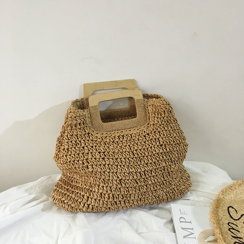 カゴバッグ 木製ハンドル付き手編み台形カゴバッグ