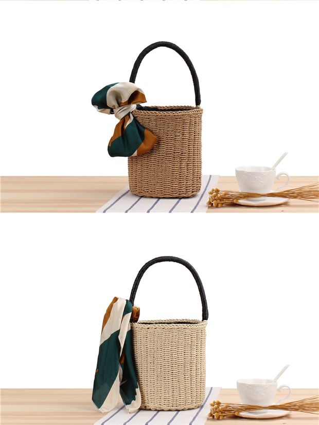 カゴバッグ 天然素材編み込みバケット型リボン付きかごばっぐ
