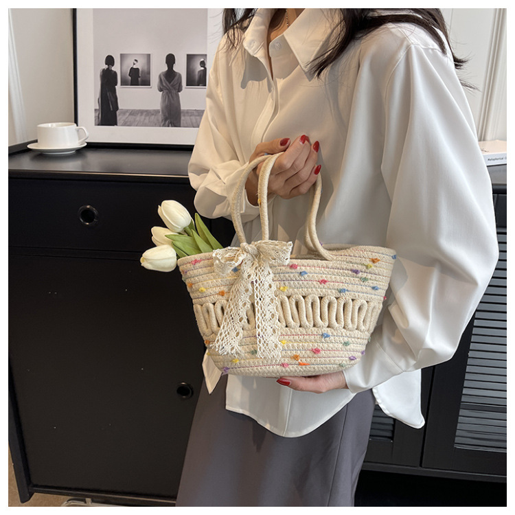 カゴバッグ 麦わら編みレースリボンかごバッグ