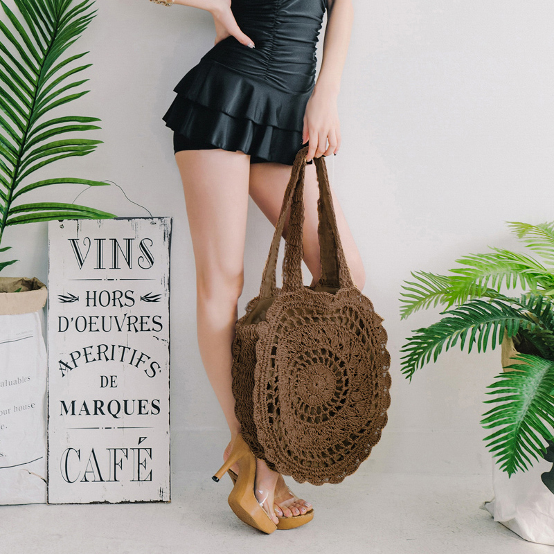 カゴバッグ 手編み風かぎ針編み円形ショルダーカゴバッグ