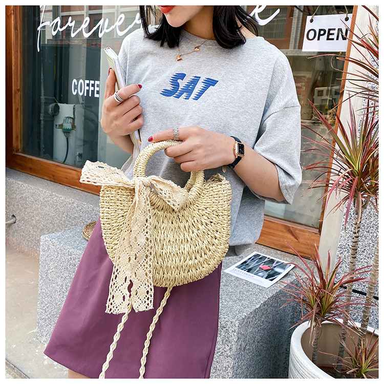 丸型レース飾り付き編み込みハンドバッグ型カゴバッグ