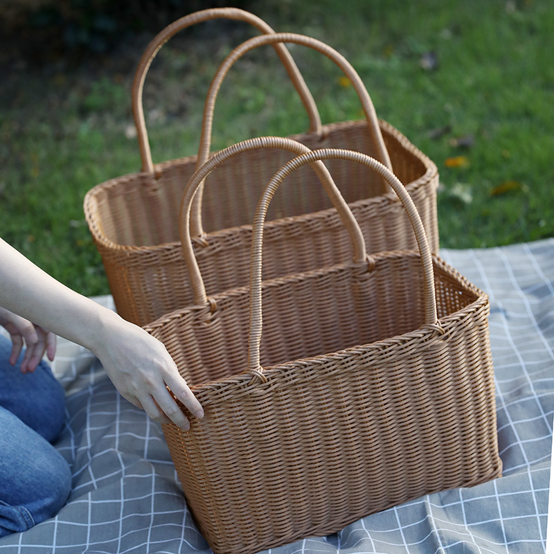 カゴバッグ 手編み籐製四角型持ち手付きかごばっぐ