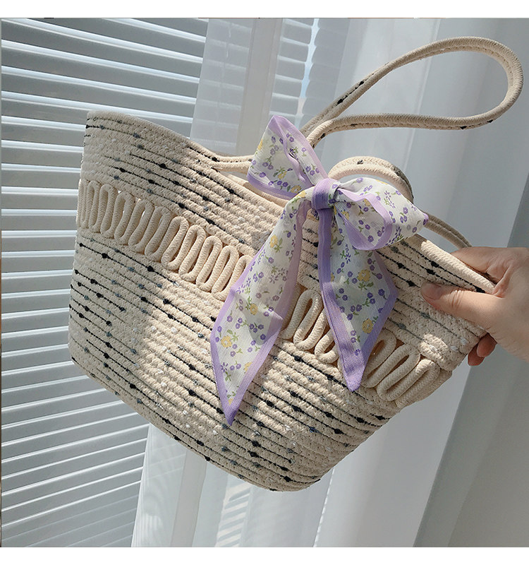 カゴバッグ 花柄リボン付き縄編み大容量かごバッグ