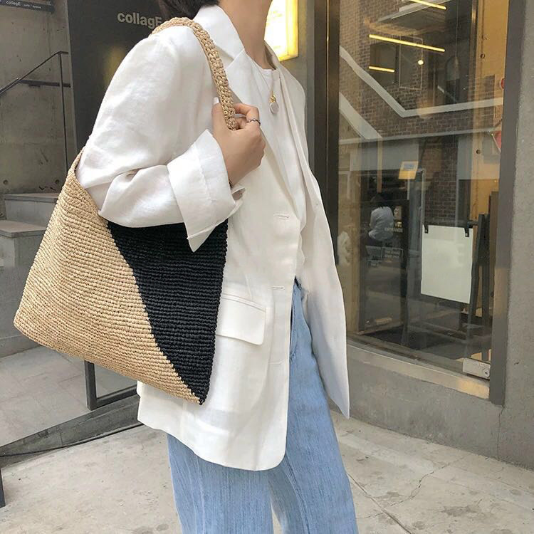 配色切替三角形ハンドル付きカゴバッグ