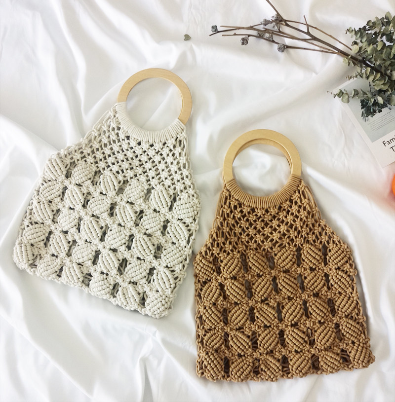 カゴバッグ 丸型木製ハンドル マクラメ編みカゴバッグ