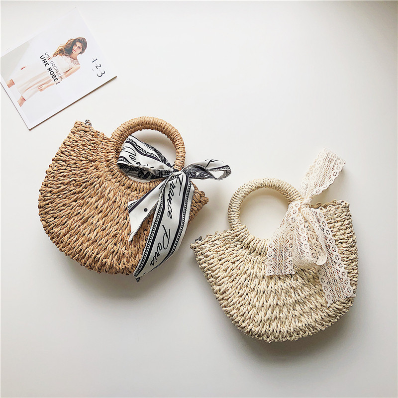 カゴバッグ レース風リボン付き丸型編み込みハンドバッグ