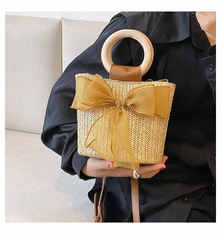 カゴバッグ 木製持ち手のバケツ型シフォンリボン付きカゴバッグ