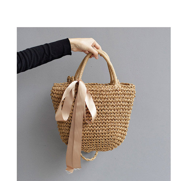 リボン付き編み込みハンドバッグ型カゴバッグ