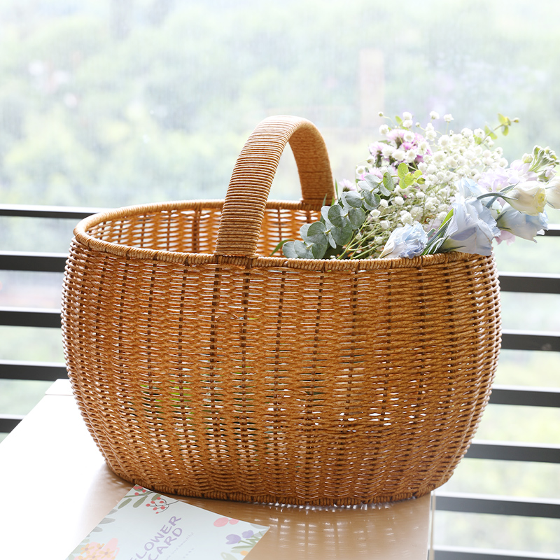 カゴバッグ 天然籐編み丸型持ち手付きカゴバッグ