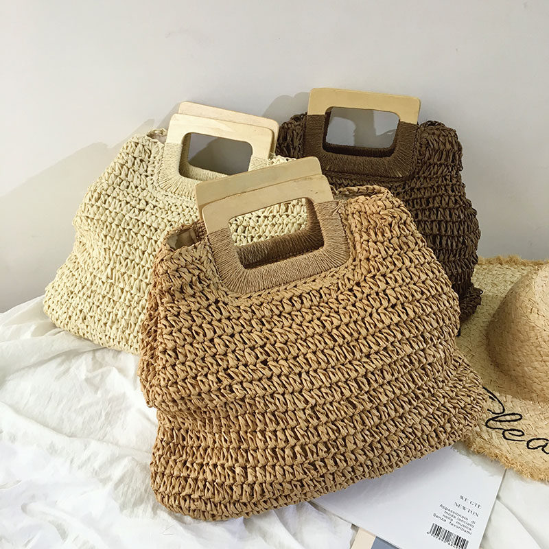 カゴバッグ 木製ハンドル付き手編み台形カゴバッグ