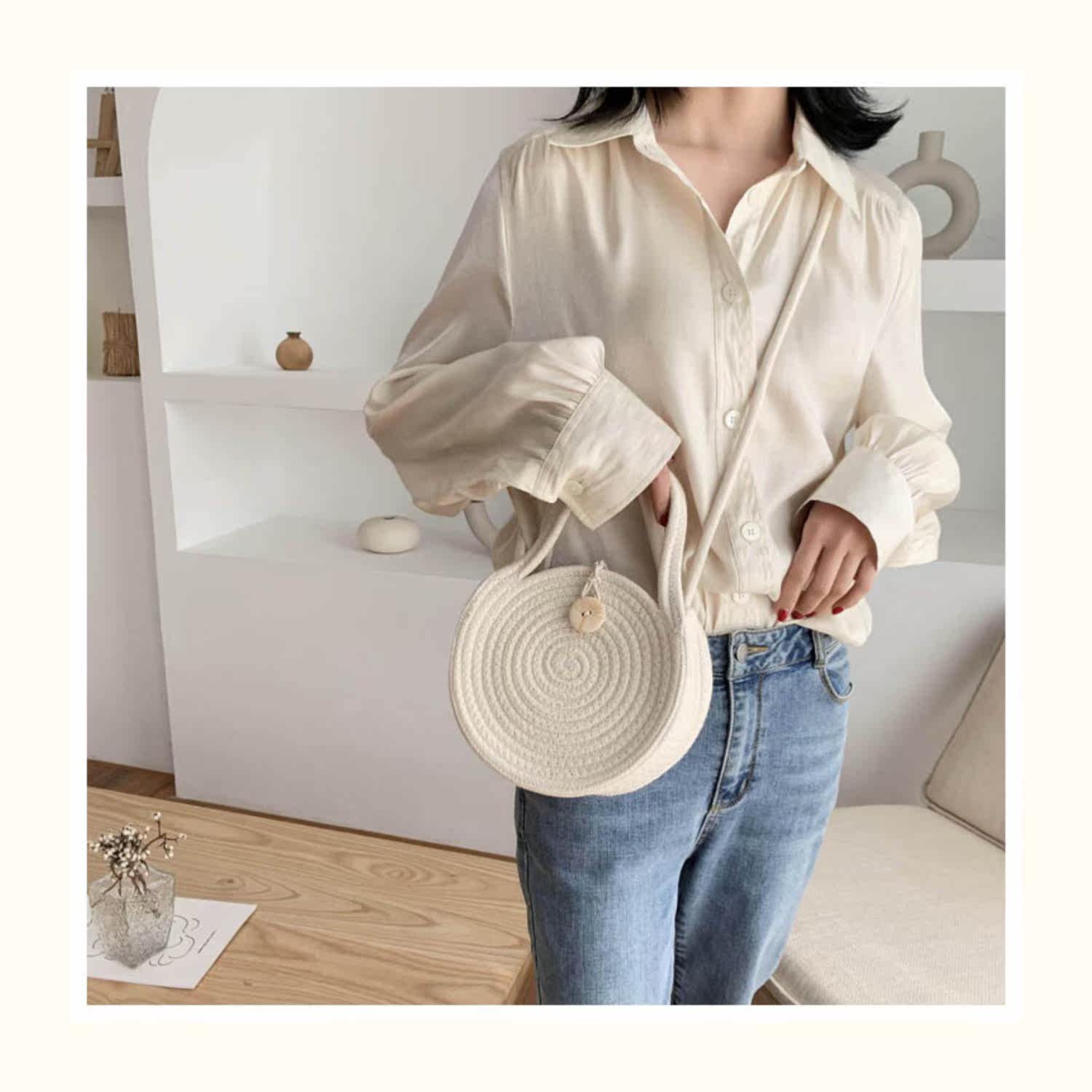 カゴバッグ 渦巻き編み丸型ボタン留めカゴバッグ