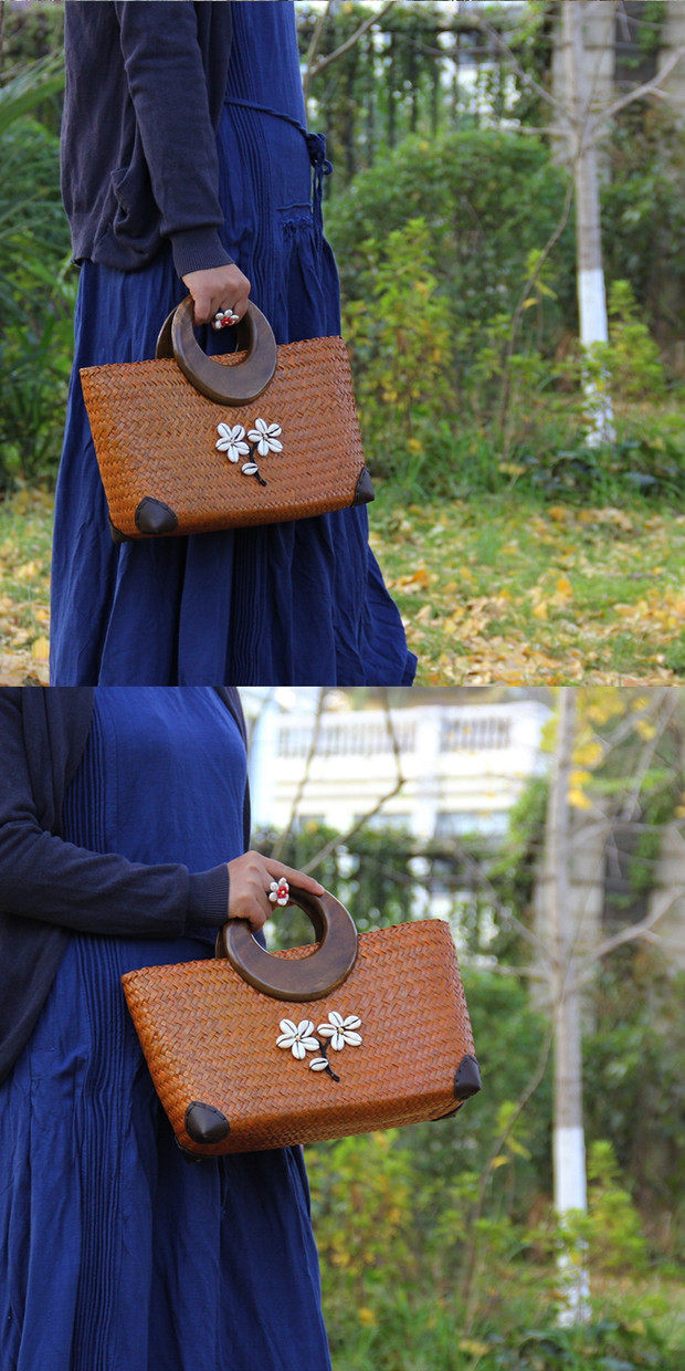 カゴバッグ 花モチーフ刺繍入り木製丸型持ち手カゴバッグ