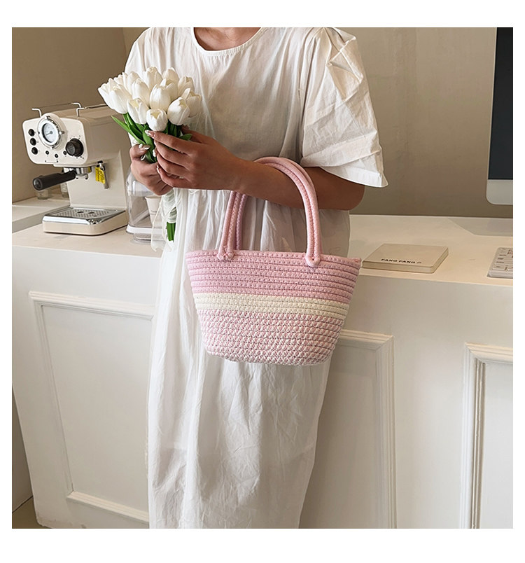 カゴバッグ 編み込みデザイン三段配色トート型カゴバッグ