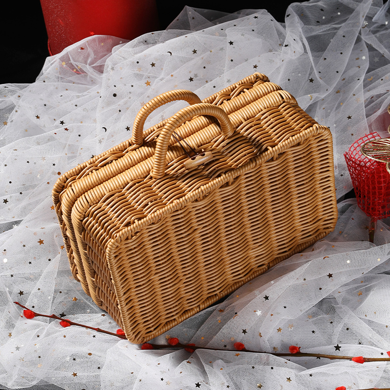 カゴバッグ リボン付き籐編みハンドバッグ型カゴバッグ