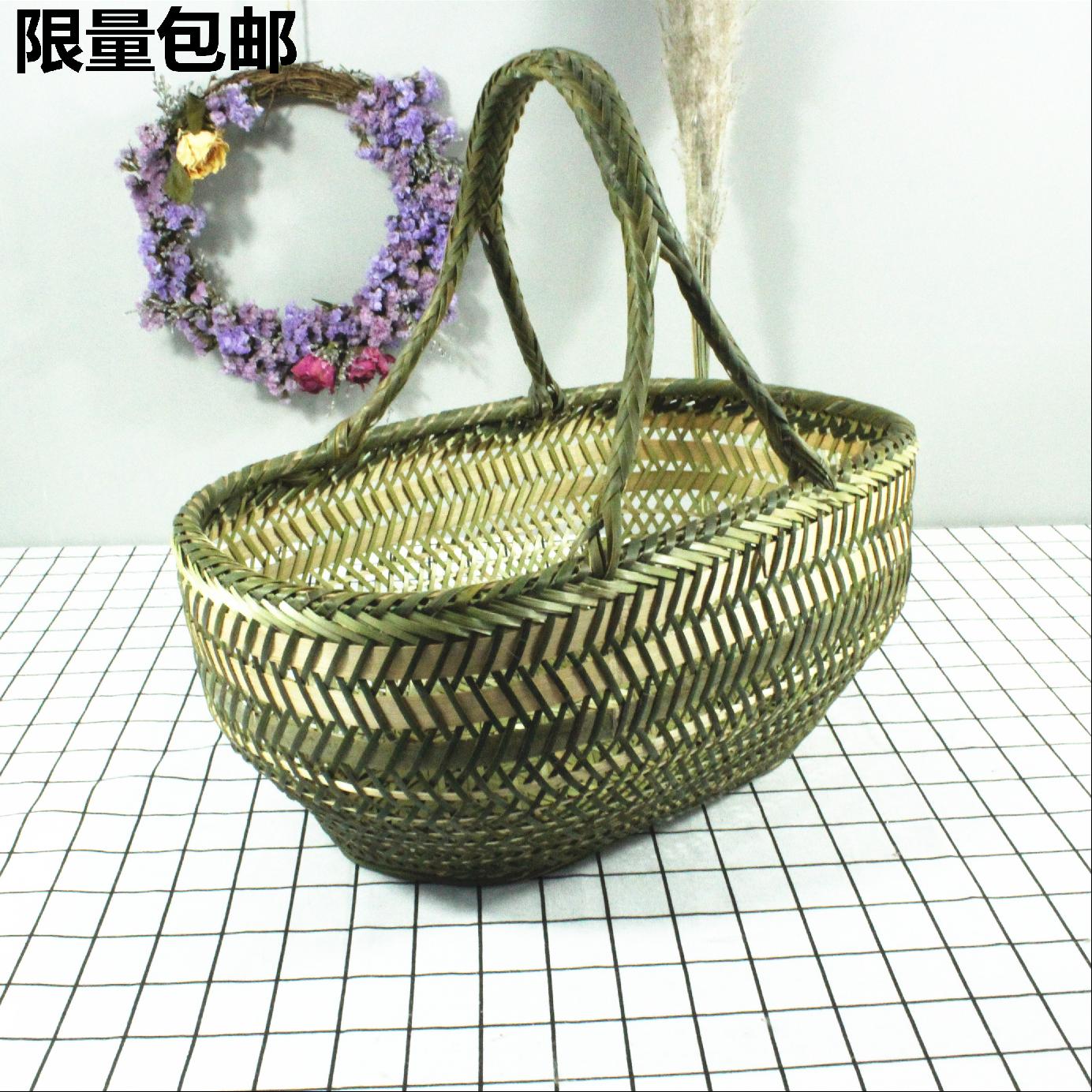 カゴバッグ 手編み竹細工オーバル型持ち手付きかごバッグ