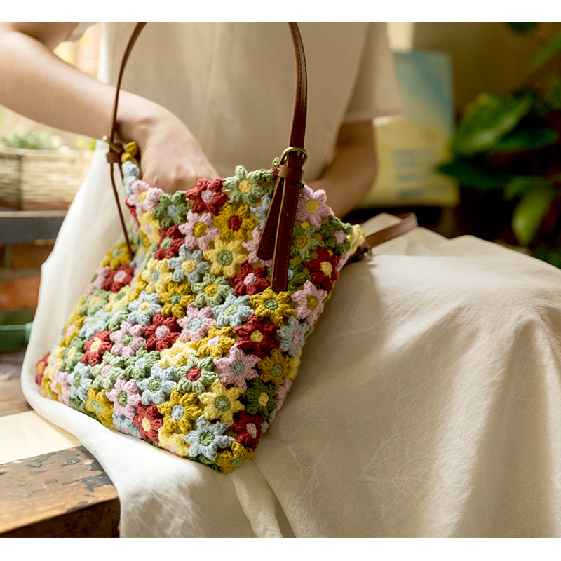 カゴバッグ 手編み花柄モチーフ編みかごハンドバッグ
