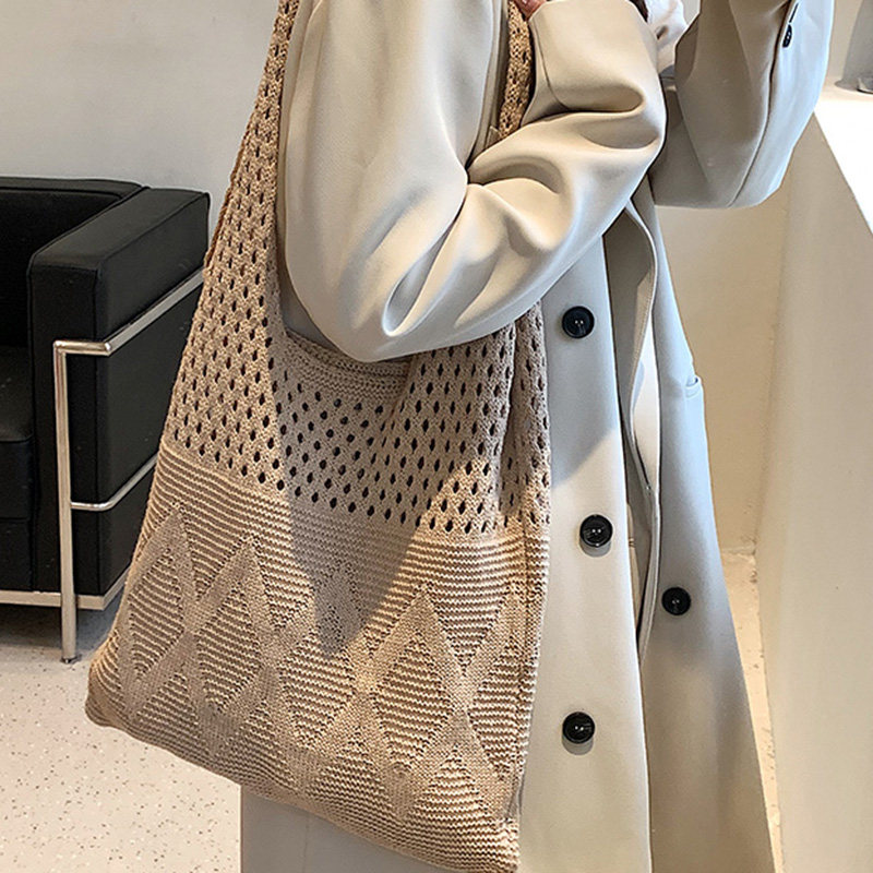 カゴバッグ 透かし編み幾何学模様ショルダーカゴバッグ