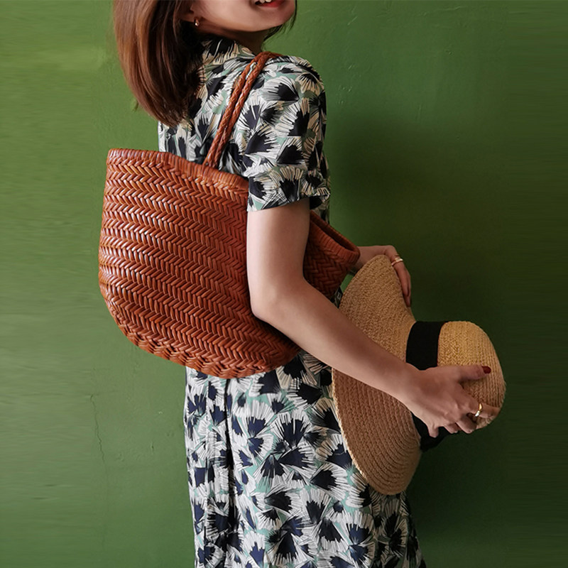 カゴバッグ ヘリンボーン編み丸型カゴバッグトート