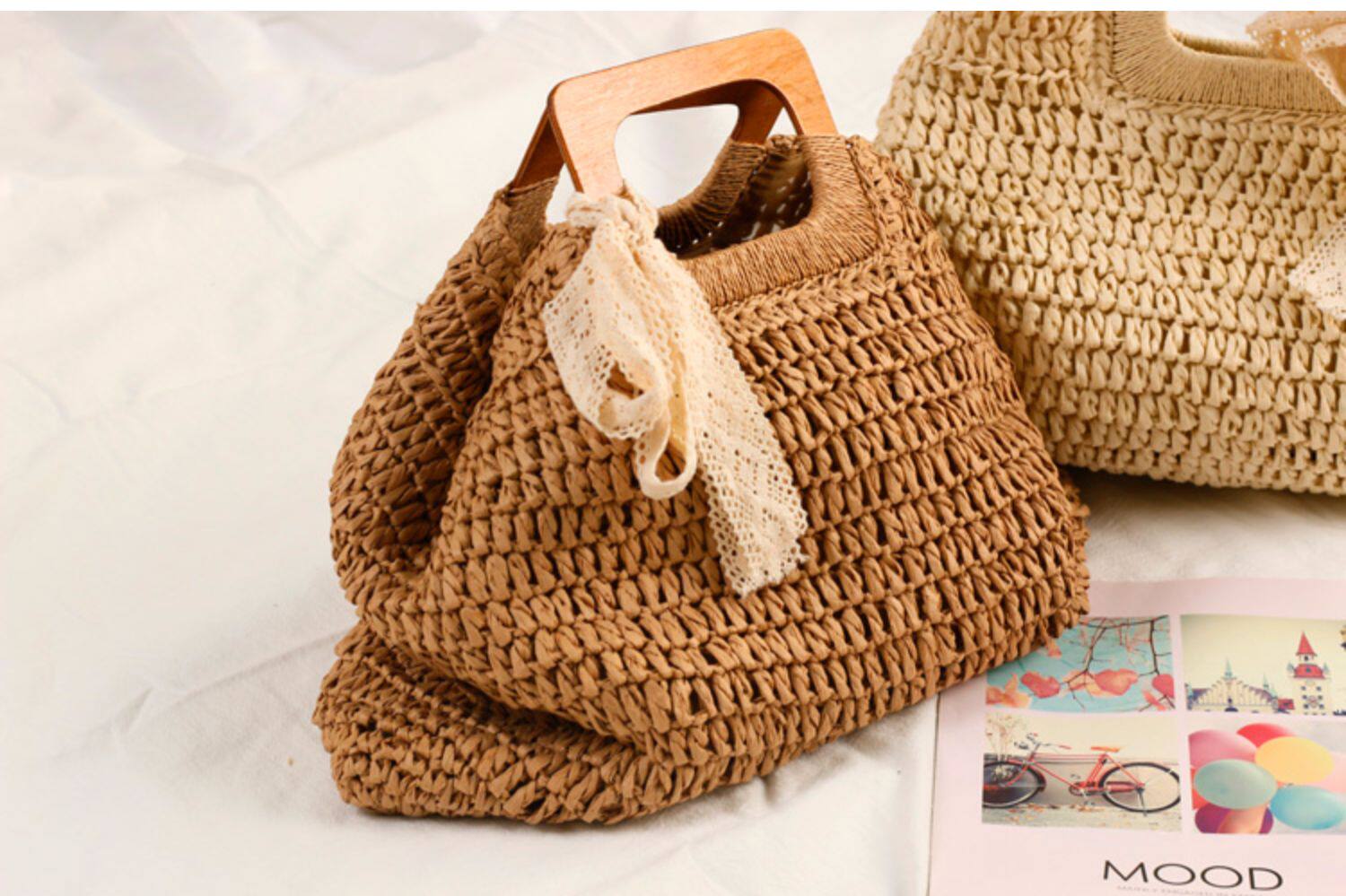 カゴバッグ 木製ハンドル付き手編みカゴバッグ巾着型