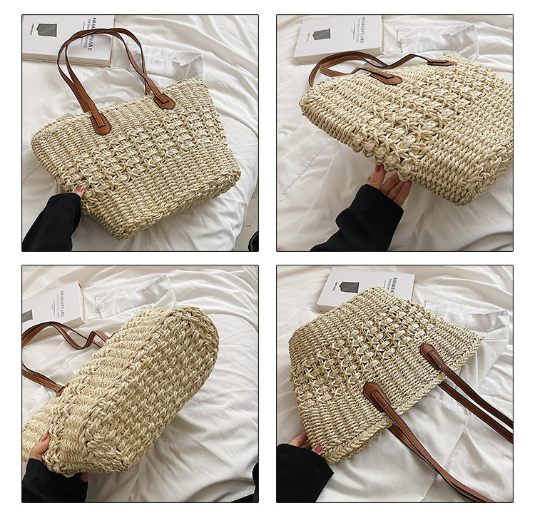 カゴバッグ 透かし編みデザインレザーハンドルトート