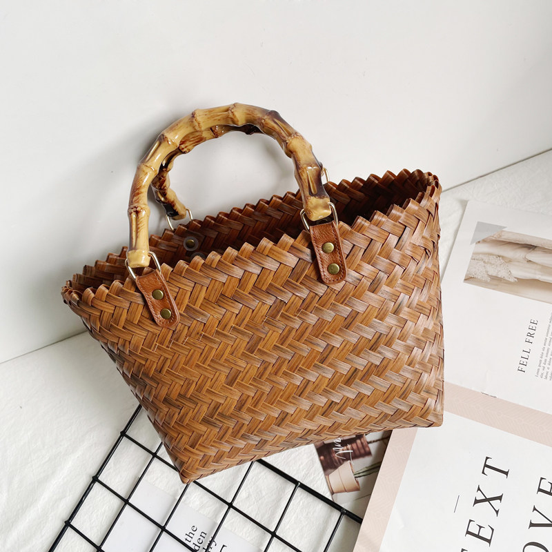 カゴバッグ 竹製ハンドル付き手編みカゴバッグ