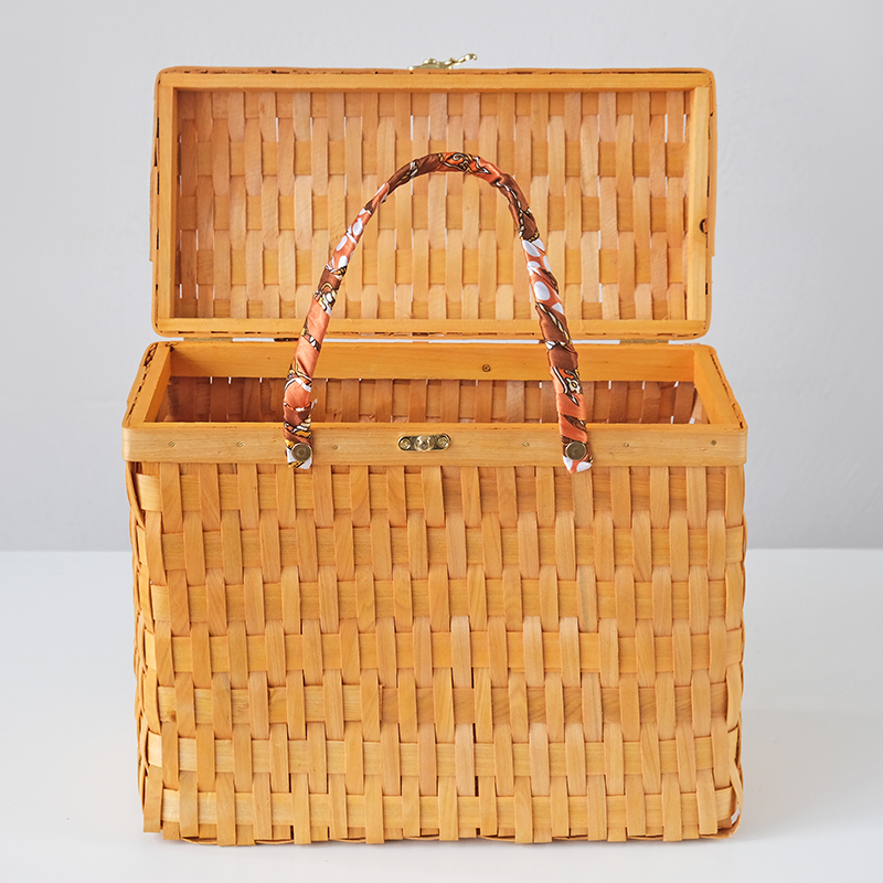 カゴバッグ 天然素材編み込み蓋付きピクニックかごばん