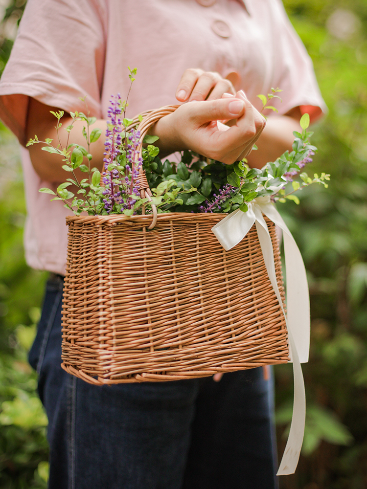 カゴバッグ 天然籐編み四角型持ち手付きカゴバッグ
