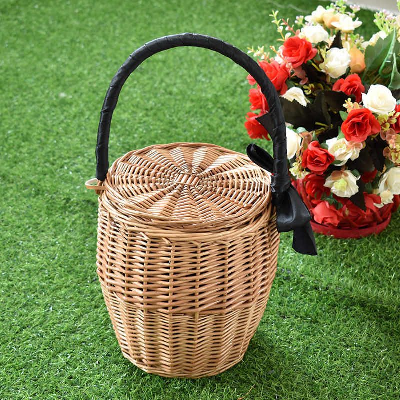 カゴバッグ 天然籐編み円筒形ハンドバッグ