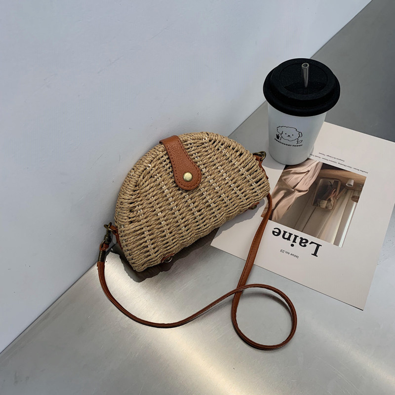 カゴバッグ 半円形編み込みショルダー付きカゴバッグ