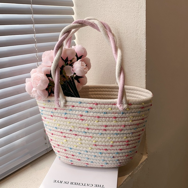 カゴバッグ 編み込みデザイン三段配色トート型カゴバッグ