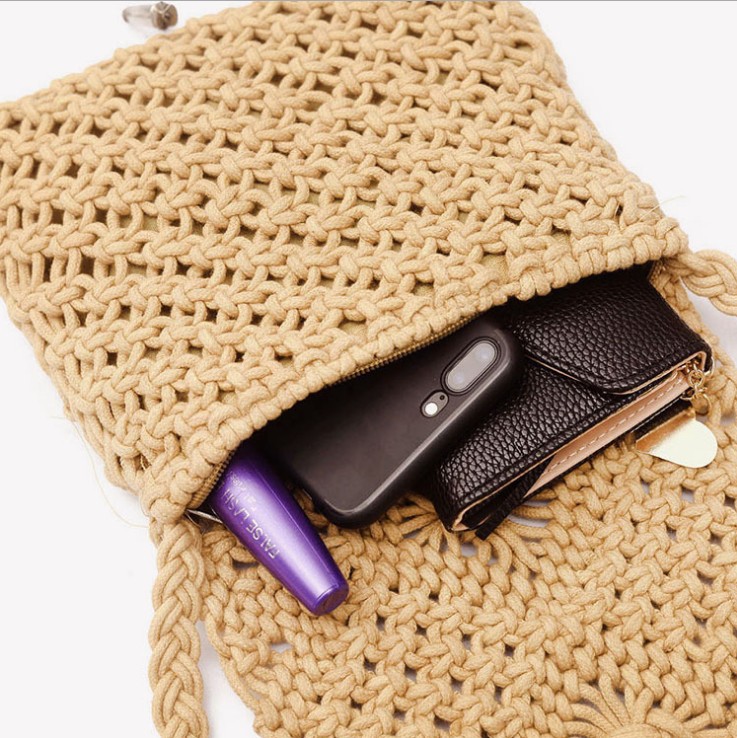 カゴバッグ 手編み風マクラメフリンジ付きショルダーバッグ